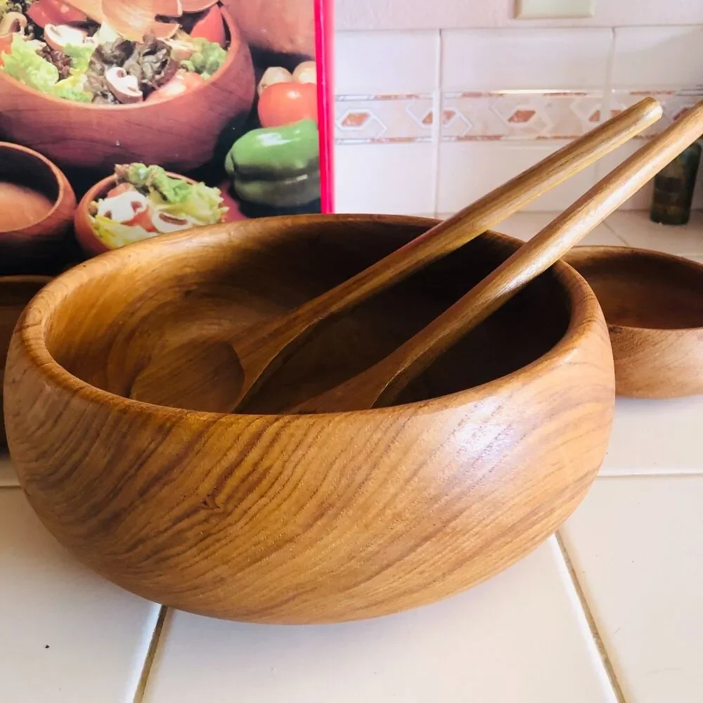Vintage Dolphin Teak Wood Salad Bowl Set 7 Pc Mid Century Modern Thailand
